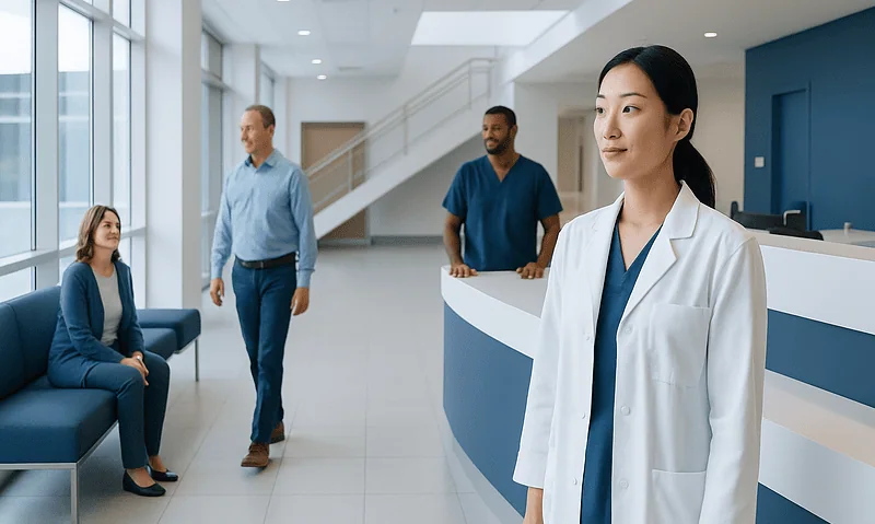 Healthcare professionals and patient in a modern hospital lobby.