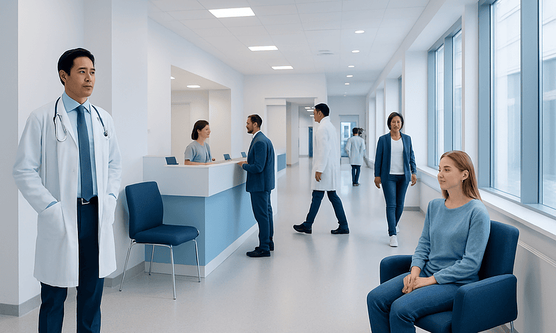 Modern hospital corridor with medical staff and patient seating area.