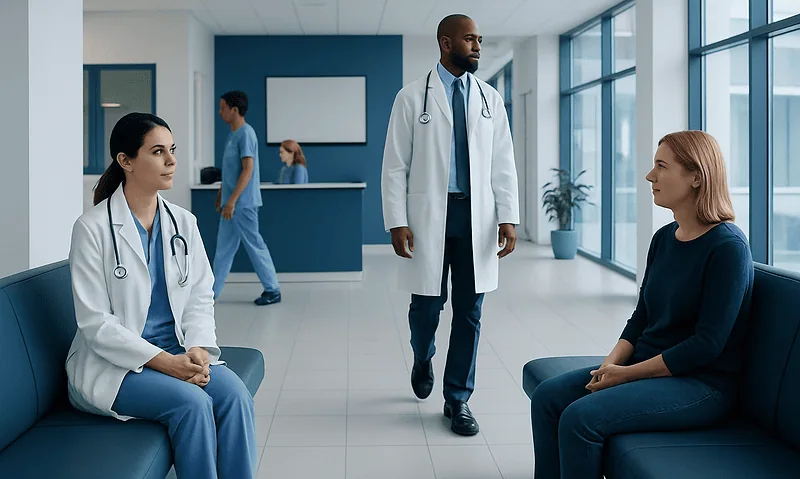 Medical consultation in a modern hospital with doctors and patient.