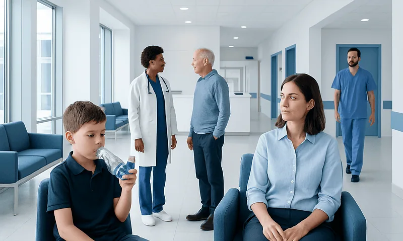 Hospital waiting area with patients and medical staff engaging in conversation.