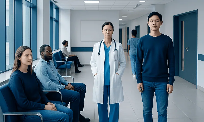 Medical professionals and patients in a hospital corridor at Acibadem Hospitals Group.