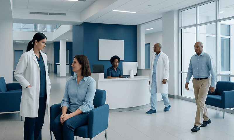 Medical consultation in a modern hospital lobby with healthcare professionals and patient.
