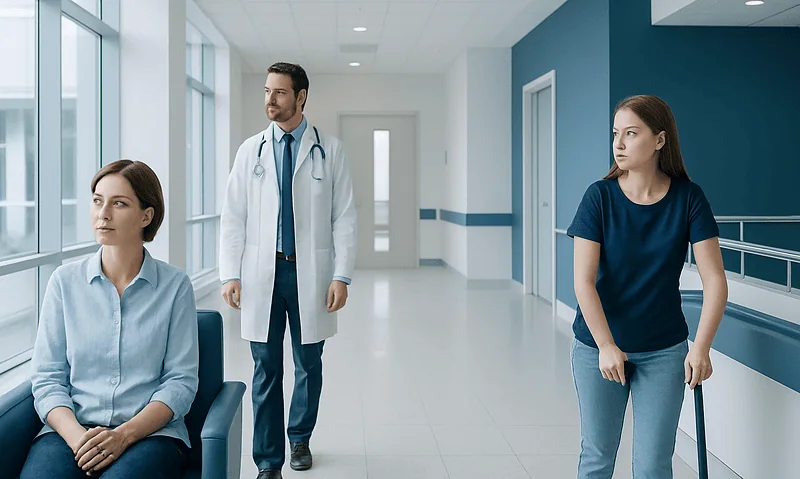 Doctor with two patients in a hospital corridor at Acibadem Hospitals Group.