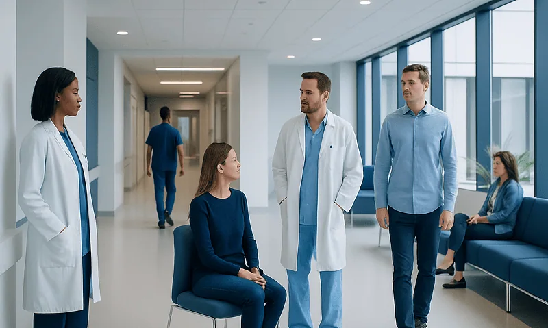 Medical team consulting with patient in hospital corridor.