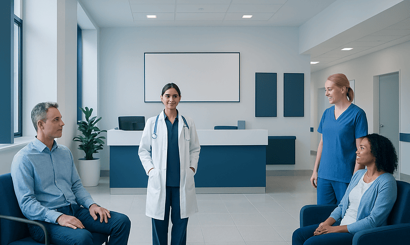 Medical consultation in a modern hospital waiting area with healthcare professionals and patients.