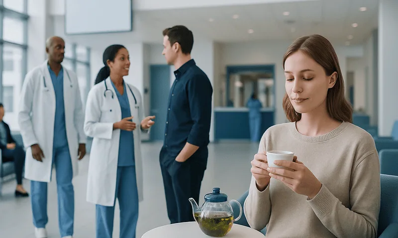 Young woman drinking tea in hospital lobby with medical staff in background.
