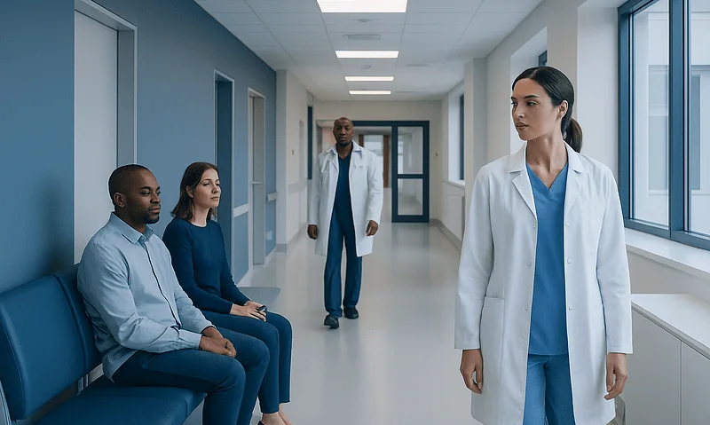 Medical professionals in hospital corridor with patients and staff.