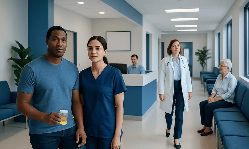 Patients and healthcare professionals in a hospital corridor at Acibadem Hospitals Group.