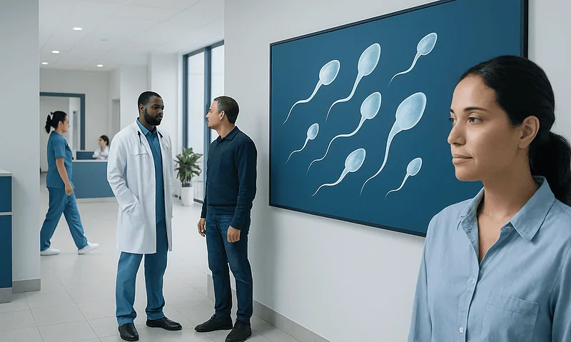 Medical professionals discussing sperm cells in a hospital corridor.