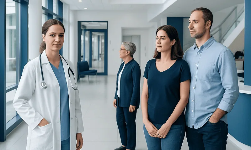Medical professionals and patients in a hospital corridor at Acibadem Hospitals Group.