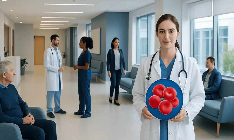 Healthcare professional holding a model of red blood cells in a hospital corridor.