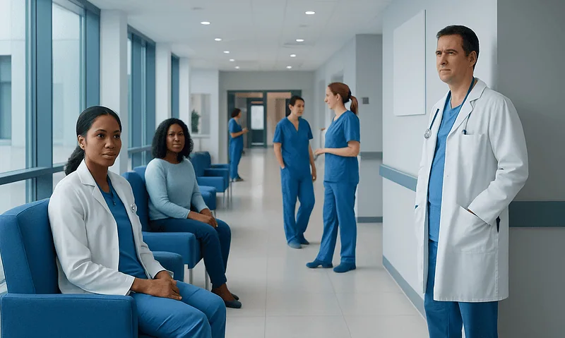 Medical team waiting in hospital corridor at Acibadem Hospitals Group.
