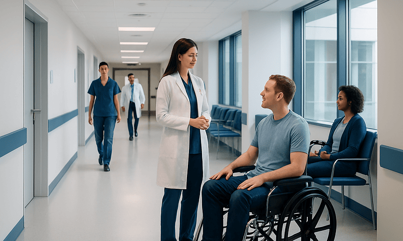 Medical professional consulting a patient in a wheelchair in hospital corridor.