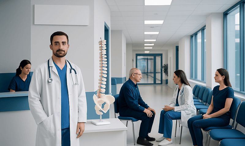 Medical team in hospital corridor with spine model and patients.