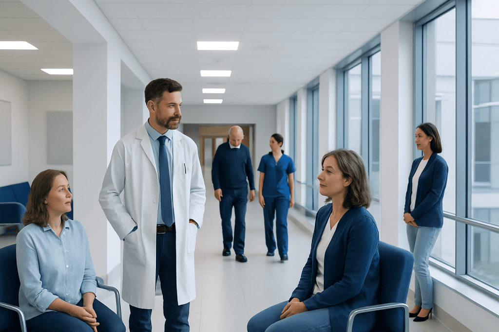 Spiriva Respimat: What Patients Need to Know 1 Medical team consulting patients in a modern hospital corridor.