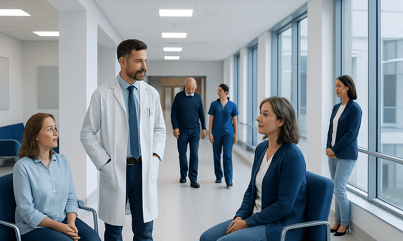 Medical team consulting patients in a modern hospital corridor.