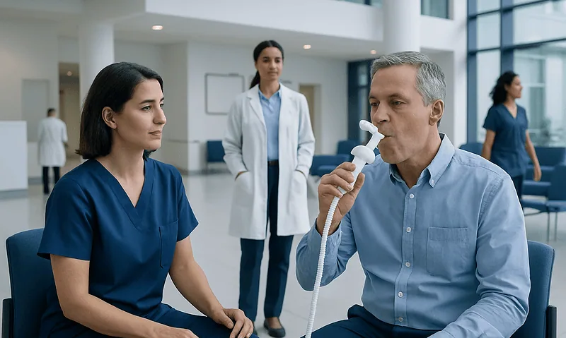 Doctor performs spirometry test on patient in hospital setting.