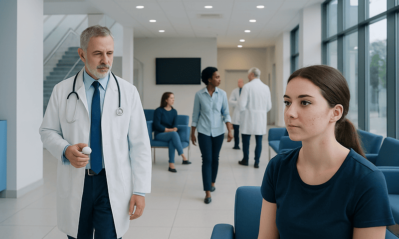 Doctor consulting with young female patient in hospital waiting area.