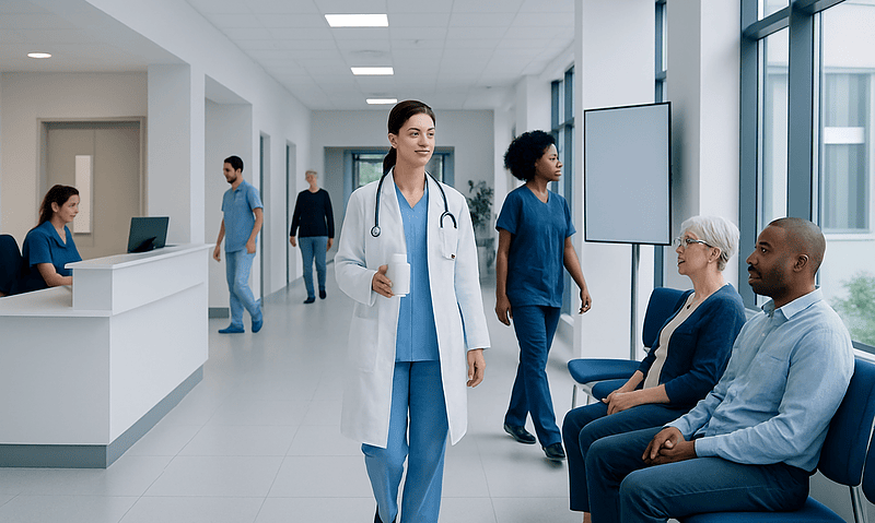 Healthcare professionals and patients in a modern hospital corridor.