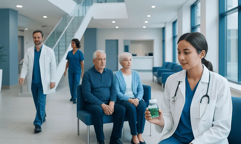 Healthcare professionals and elderly patients in a modern hospital lobby.