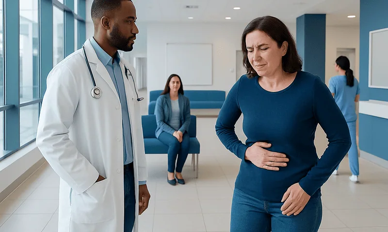 Doctor consulting a woman with abdominal pain in a hospital corridor.