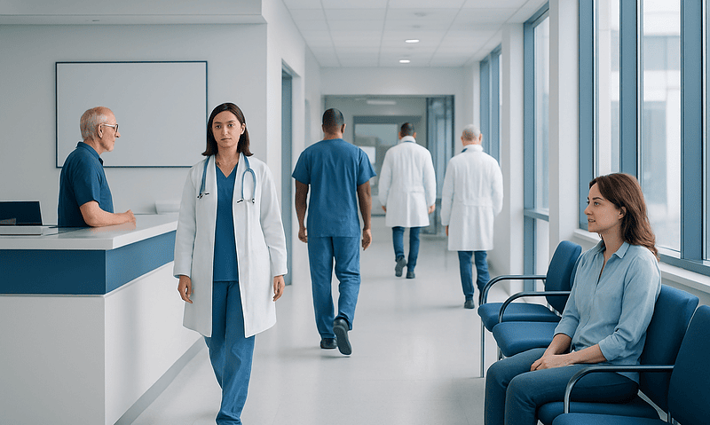 Healthcare professionals and patients in a modern hospital corridor.