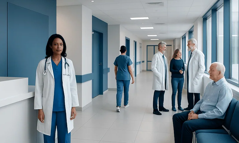 Medical staff and patients in a modern hospital corridor at Acibadem Hospitals Group.
