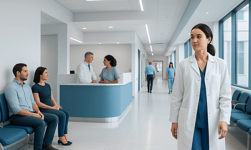 Healthcare professionals and patients in a modern hospital corridor.