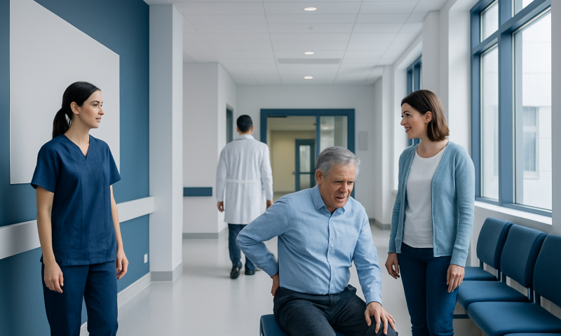 Patient experiencing back pain in hospital corridor with medical staff nearby.