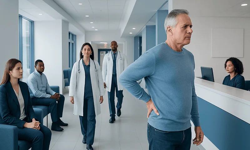 Older man experiencing back pain in a hospital corridor with medical staff nearby.
