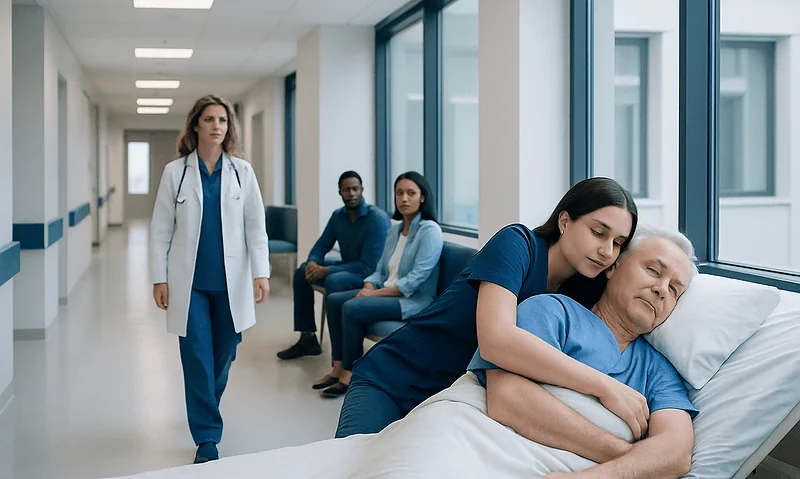 Compassionate nurse comforting elderly patient in hospital ward.