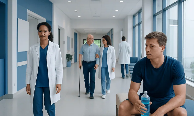 Hospital corridor with medical staff and a patient resting with water bottle.