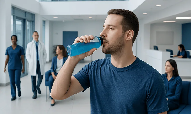 Young man drinking water in a hospital lobby with medical staff in background.