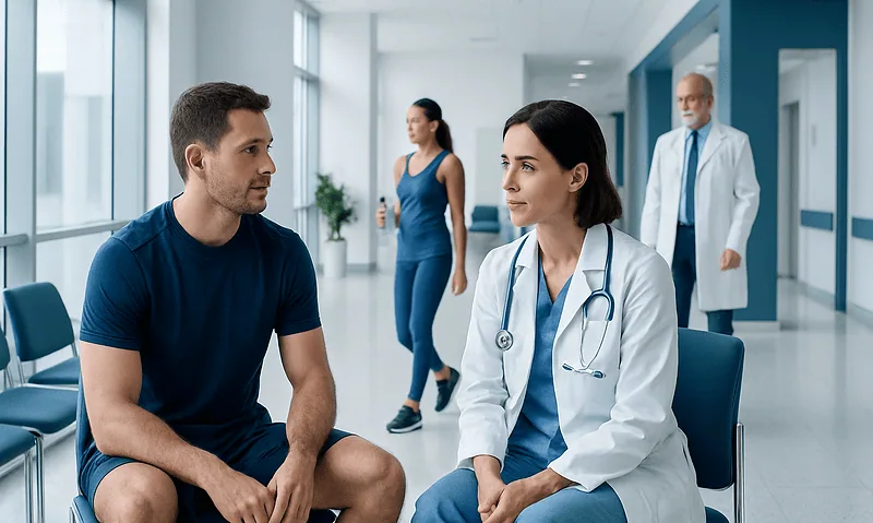Doctor consulting with a young male patient in a hospital corridor.