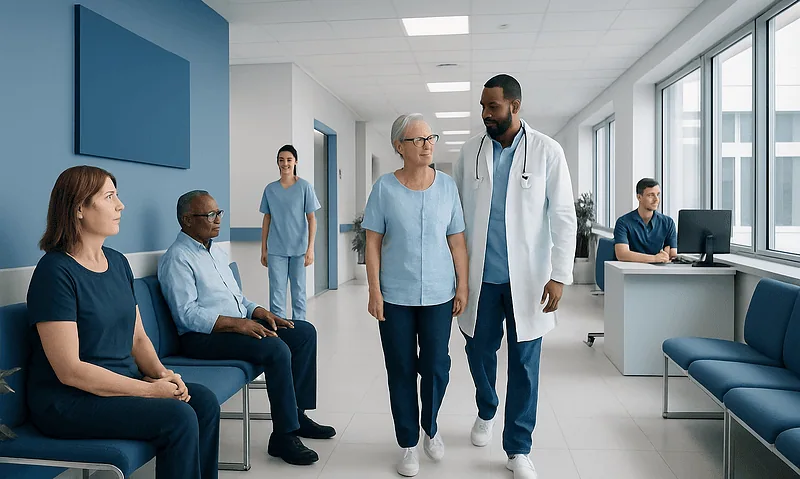 Healthcare professionals and patients in a hospital corridor at Acibadem Hospitals Group.