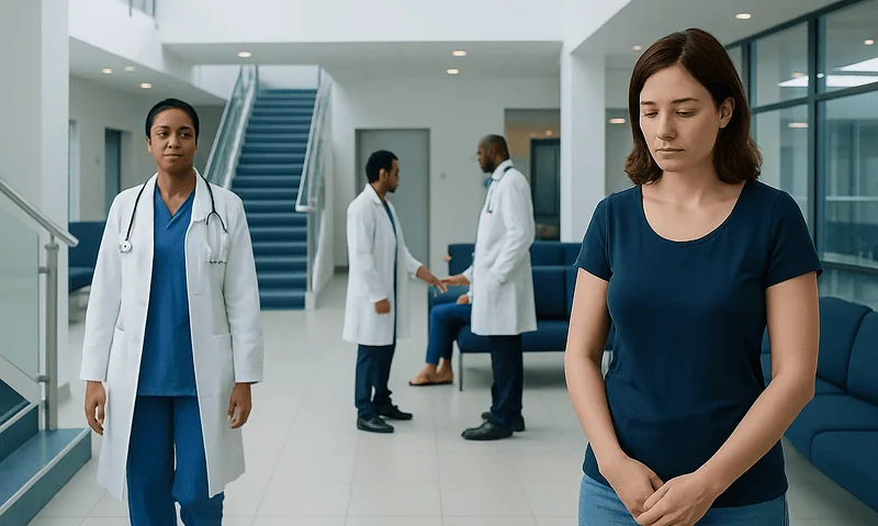 Young woman waiting in hospital corridor with medical staff in background.