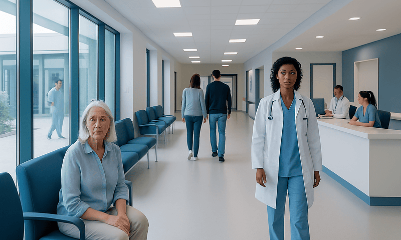 Hospital corridor with patients and medical staff, bright and modern setting.