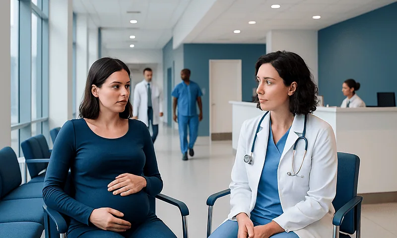 Pregnant woman consulting with a doctor in a hospital corridor.