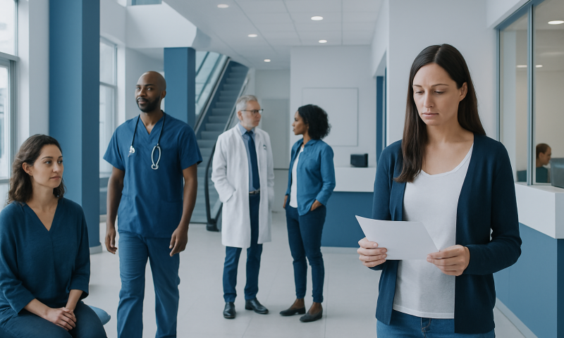 What Does Spotting Look Like? Causes, Explanations, and Next Steps 4 Concerned woman reading paper in hospital corridor with medical staff nearby.