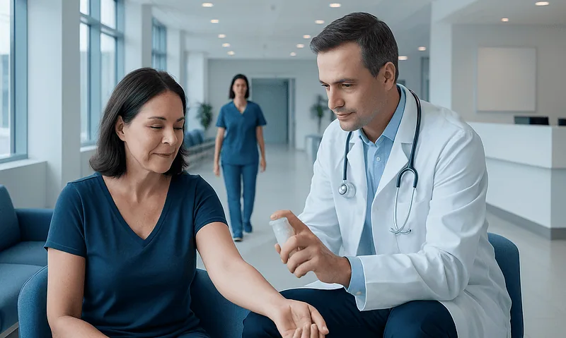 Doctor checking patient's blood pressure in hospital corridor.