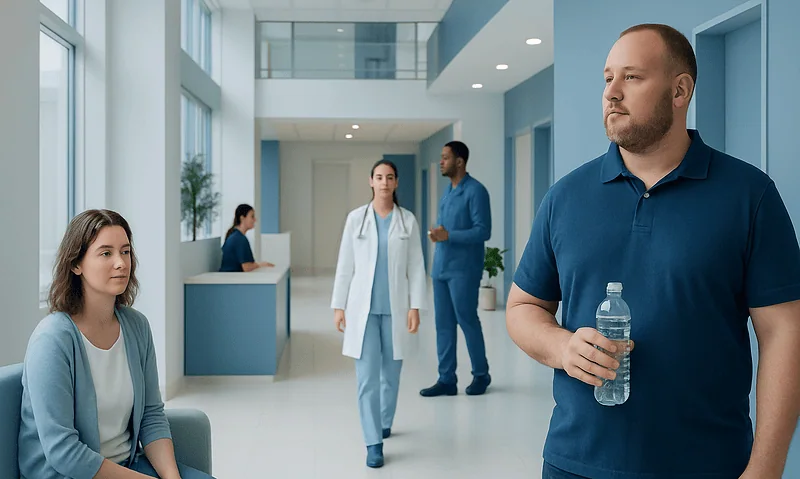 Patients waiting in a modern hospital corridor with medical staff in the background.