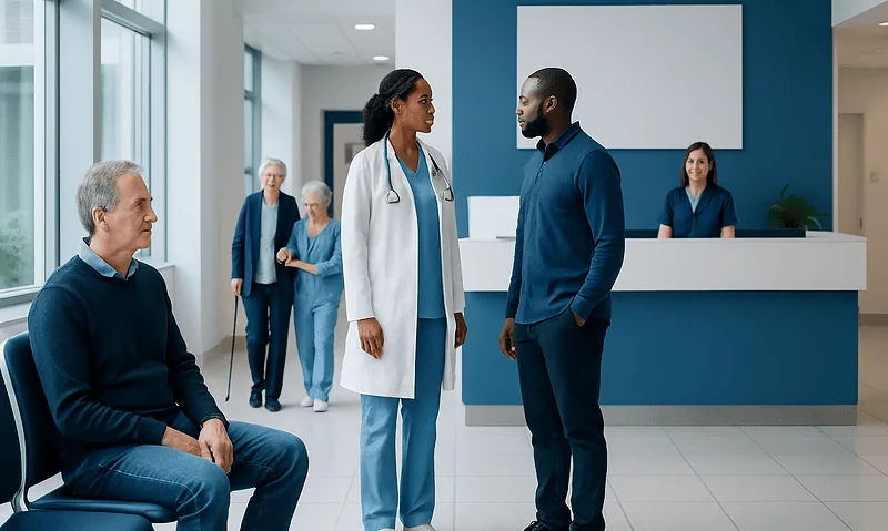 Healthcare professionals and patients in a modern hospital lobby.