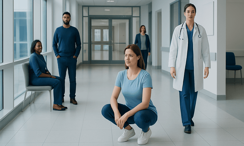 Diverse group of patients and doctor in hospital corridor.