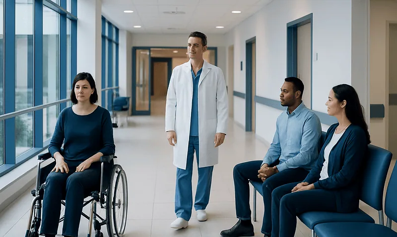 Medical professional consulting patients in hospital corridor with diverse group.