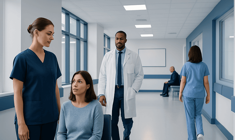 Medical staff and patient in hospital corridor at Acibadem Hospitals Group.