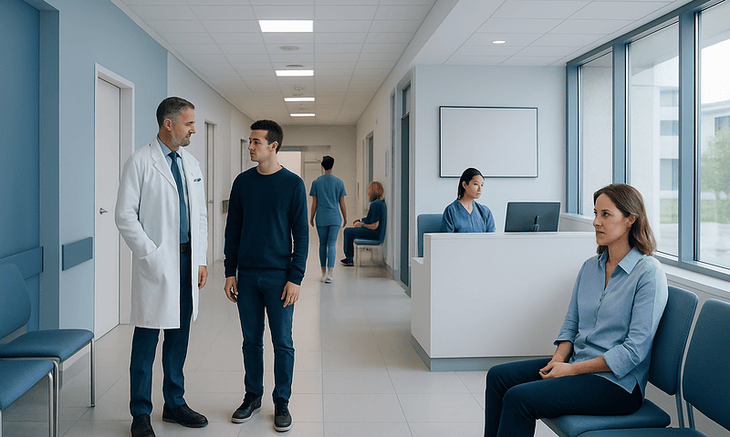 Doctor talking to a young patient in a hospital corridor.