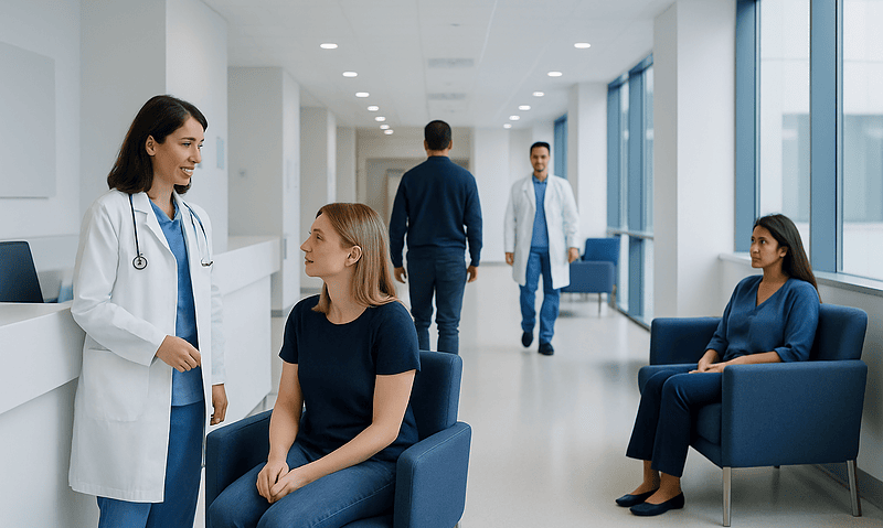 Medical consultation in a modern hospital corridor with doctors and patients.