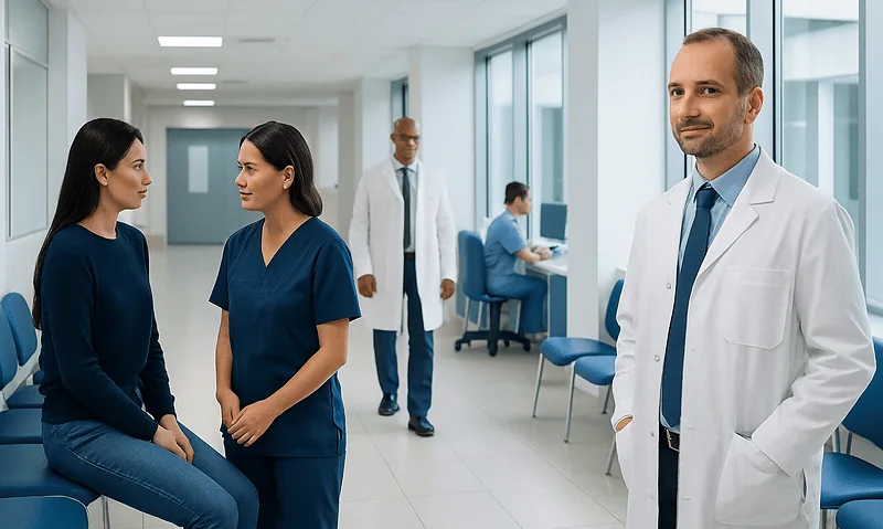 Medical professionals and patient in a hospital corridor at Acibadem Hospitals Group.