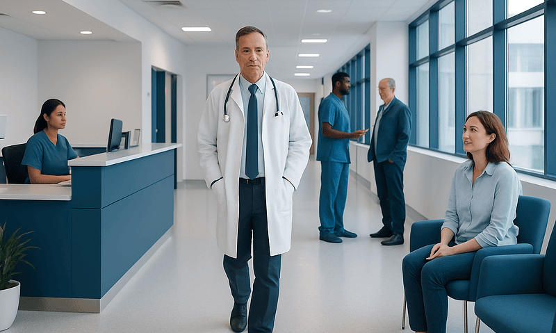 Medical professionals and patients in a modern hospital corridor.
