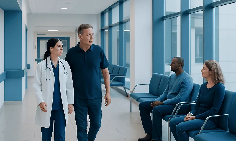 Medical professionals consulting patients in a modern hospital corridor.
